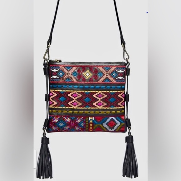 Johnny Was Zipped Crossbody Black Leather And Embroidery Design Tassel Bag NWT - Picture 7 of 14